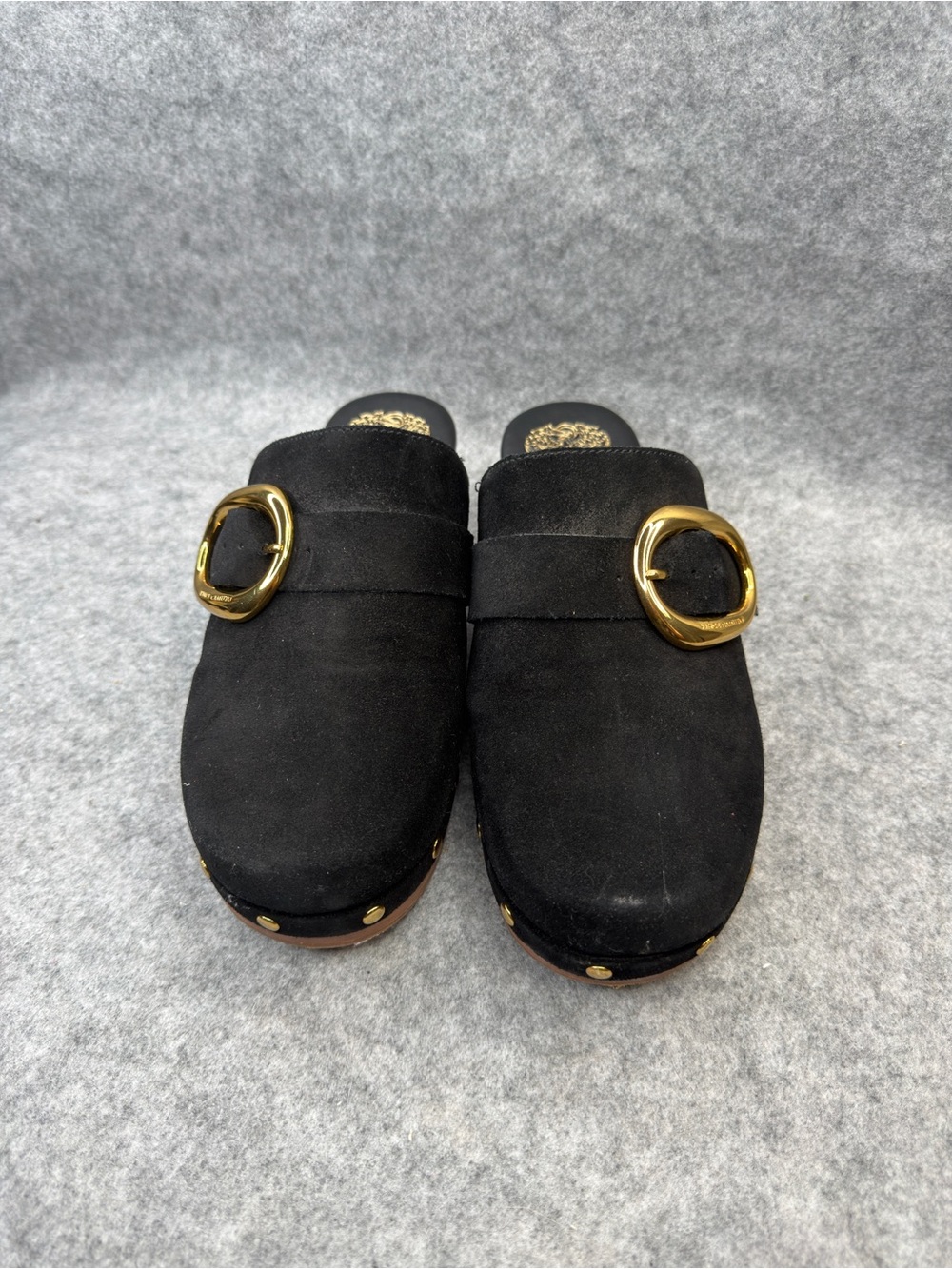 Vince Camuto Black Suede Gold Buckle Clogs Shoes Size 6.5 M